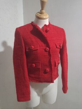 MNG Mango | Women's Red Bouclé Cropped Blazer Jacket